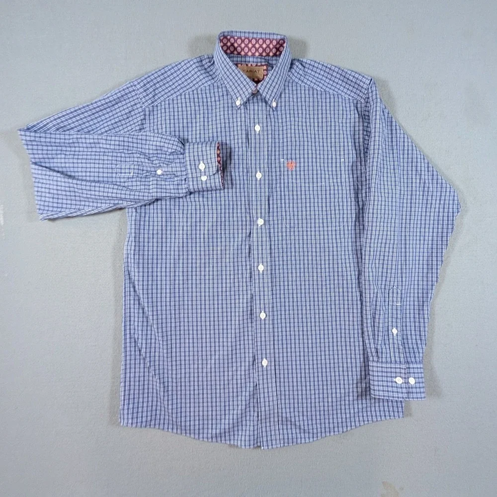 Ariat Button Down Shirt Mens Medium Blue Plaid Wrinkle-Free Western Cowboy